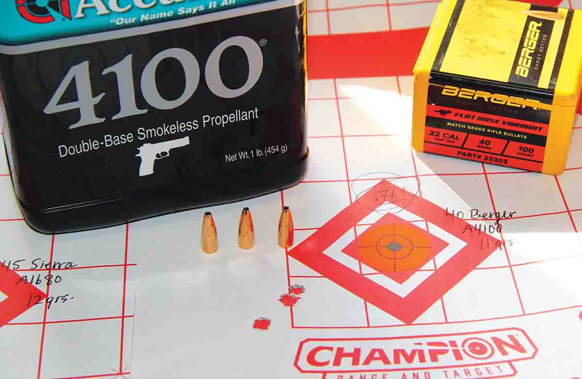 Eleven grains of Accurate 4100 and a 40-grain Berger Flat Base Varmint proved a good accuracy combination from the K-Hornet pistol, assembling a .76-inch group at 2,596 fps.